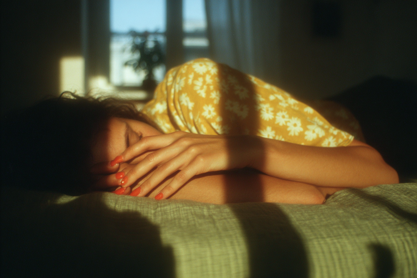 A person resting in a linen bed under soft Nordic morning light