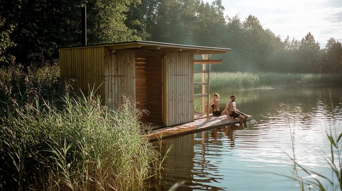 En lille træsauna på en badebro ved en sø