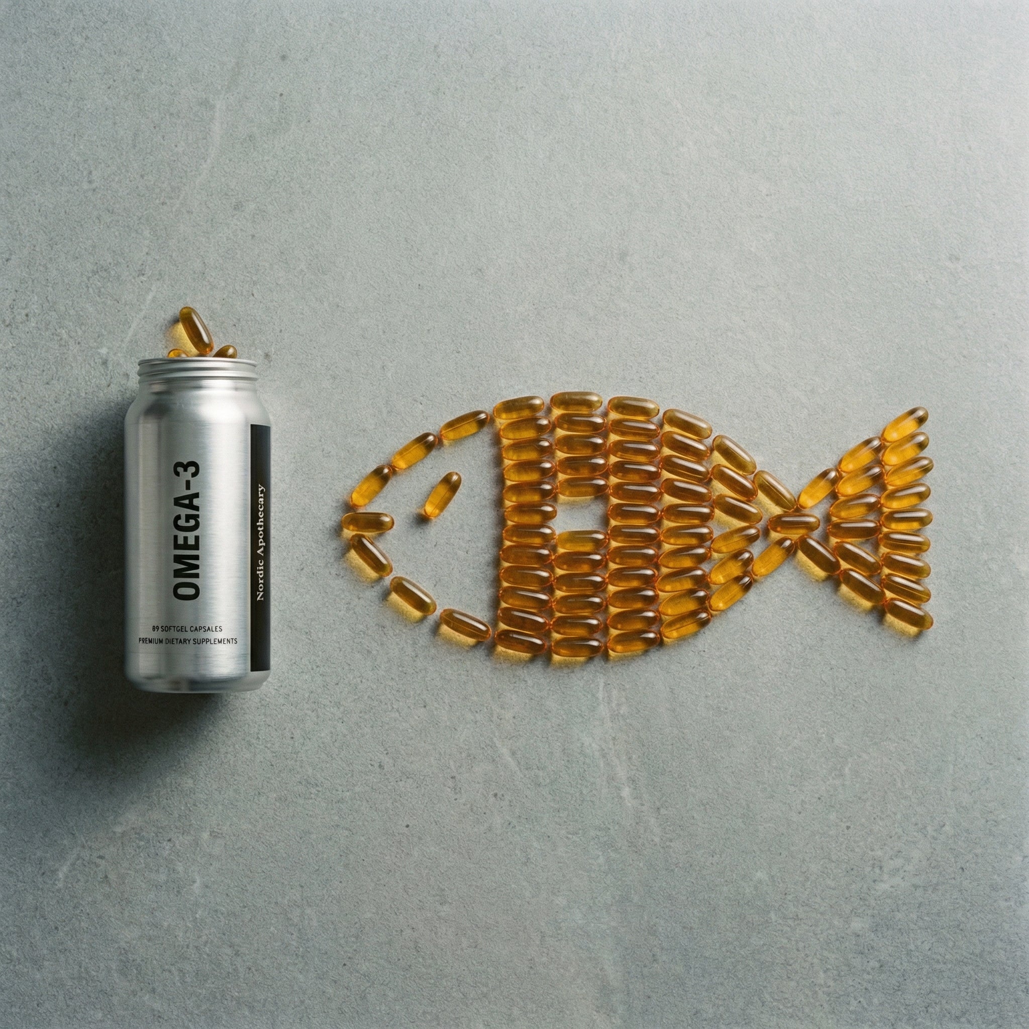 En Omega-3-beholder ved siden af bløde kapsler lagt i form af en fisk