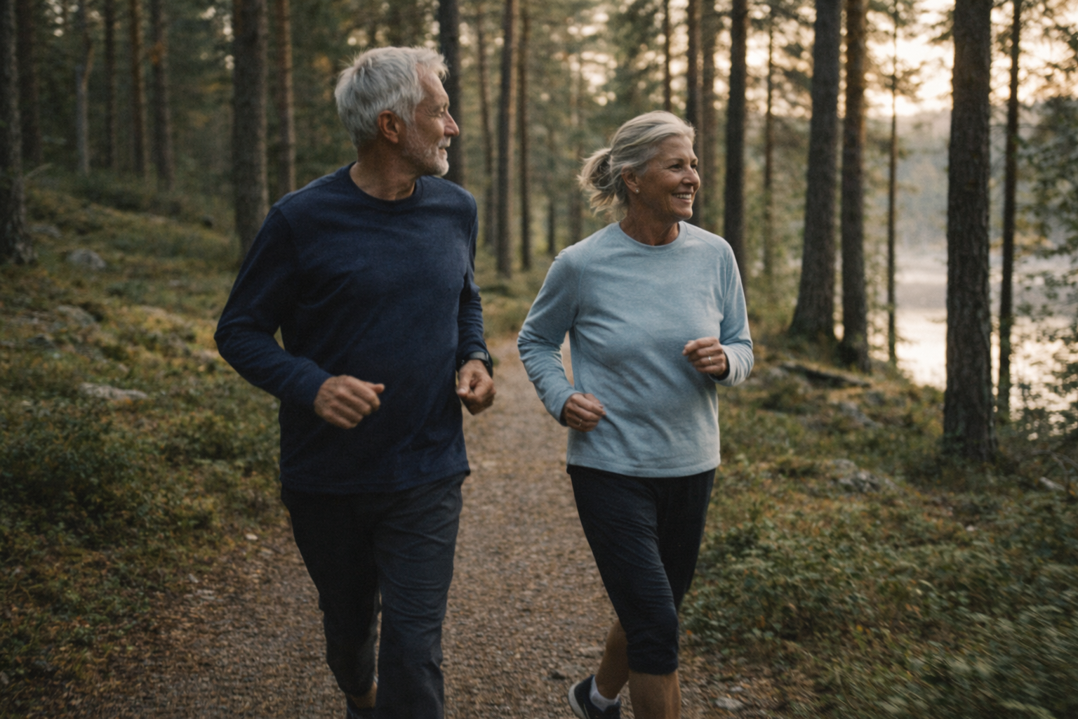 An older couple moving together along a forest path
