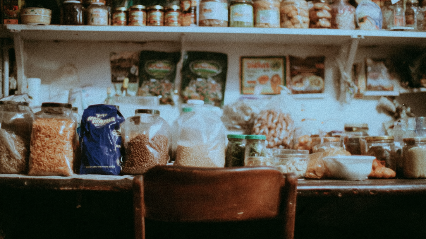 A whole-food pantry viewed from above as a counterpoint to packaged food